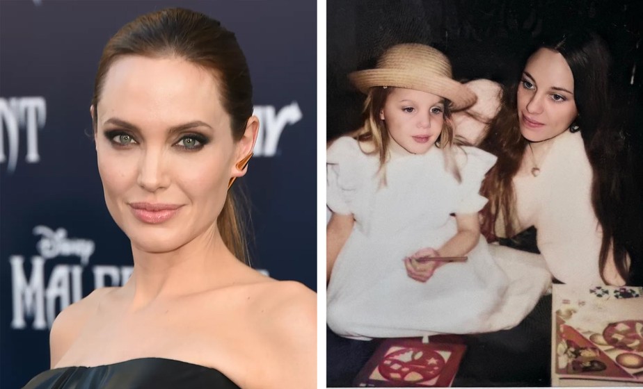 Angelina Jolie em foto atual e em retrato de sua infância ao lado da mãe, Marcheline Bertrand
