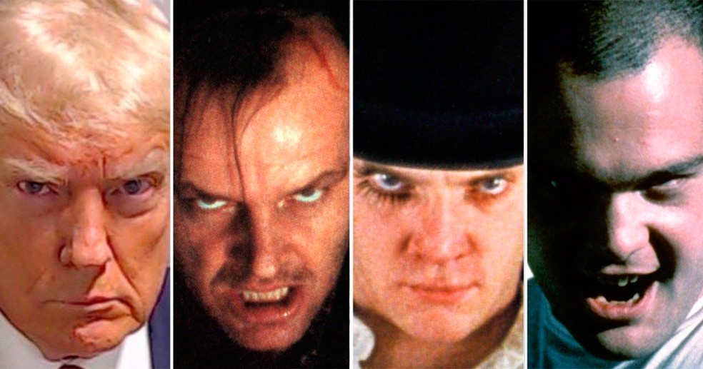 Donald Trump ao lado de Jack Nicholson em 'O Iluminado', Malcolm McDowell em 'Laranja Mecânica' e Vincent D’Onofrio em 'Nascido para Matar' — Foto: reprodução e divulgação
