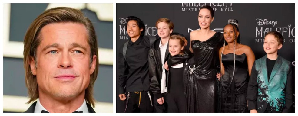 O ator Brad Pitt e a atriz Angelina Jolie com cinco de seus seis filhos — Foto: Getty Images