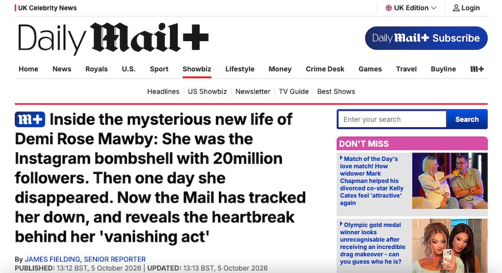 A reportagem do Daily Mail sobre o afastamento de Demi Rose das redes sociais — Foto: Instagram