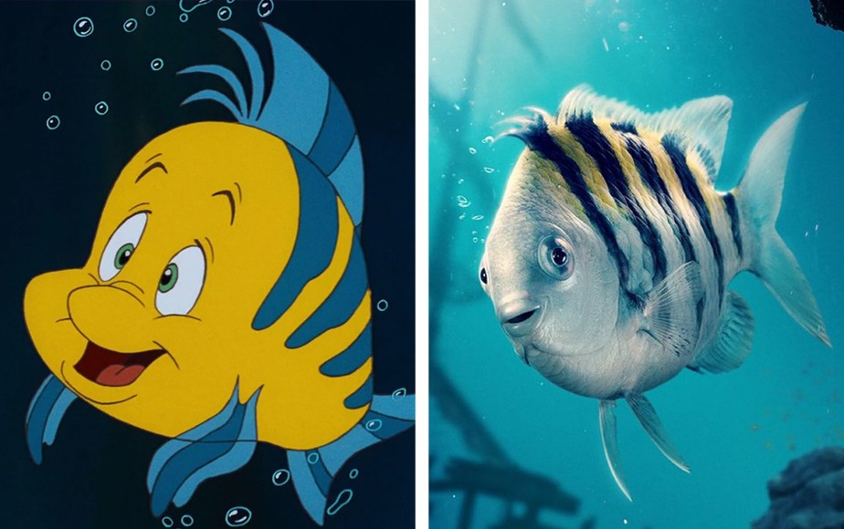 O personagem Linguado nos dois filmes da Disney de A Pequena Sereia: o de 1989 e o de 2023