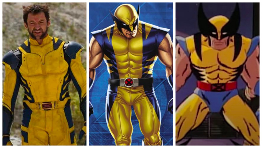 Hugh Jackman como Wolverine em Deadpool 3, com uniforme semelhante aos quadrinhos da Marvel e ao desenho clássico dos X-Men