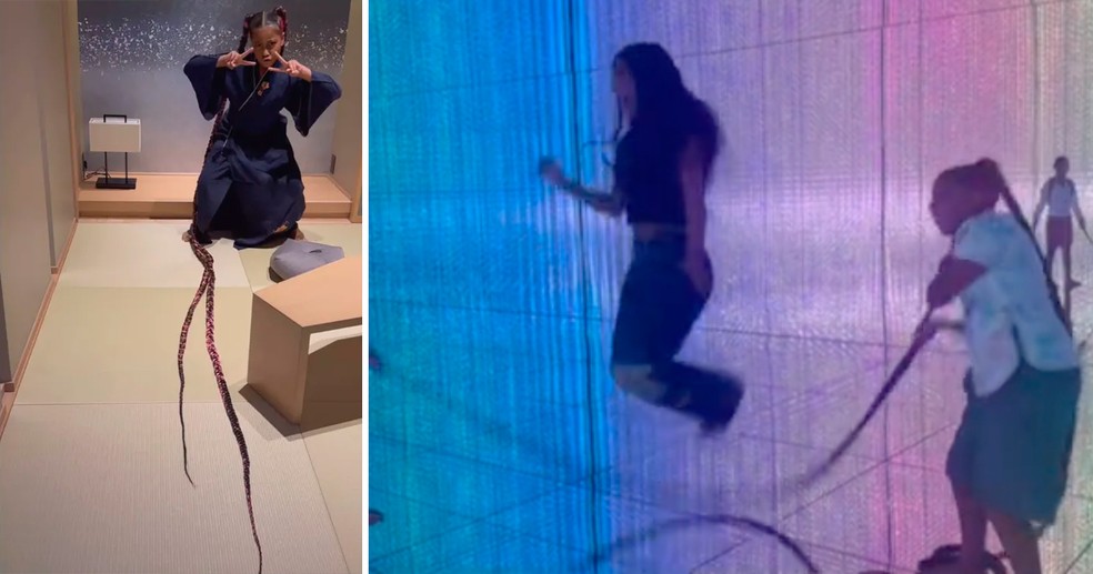 Kim Kardashian usa as tranças da filha North para pular corda — Foto: reprodução/instagram e tiktok