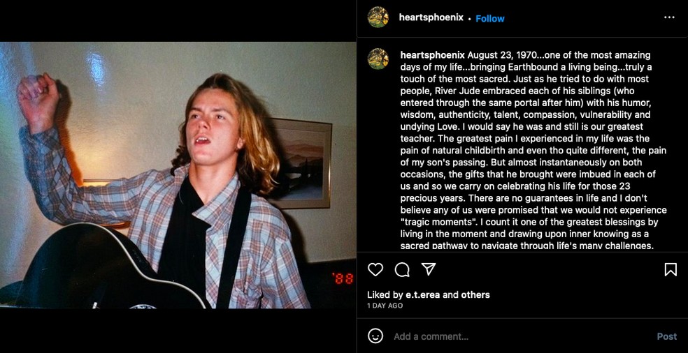 O post da mãe de River Phoenix (1970-1993) em homenagem ao filho — Foto: Instagram
