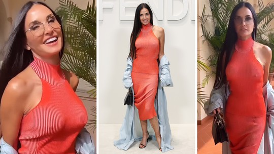 Demi Moore, aos 60 anos, abala Fashion Week de Milão com vestido vermelho sem nada por baixo