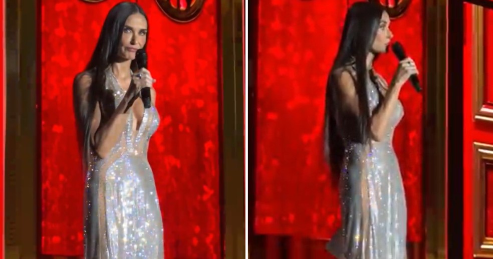 Demi Moore fala no palco durante a 30ª edição do amfAR Cannes Gala — Foto: Reprodução/X