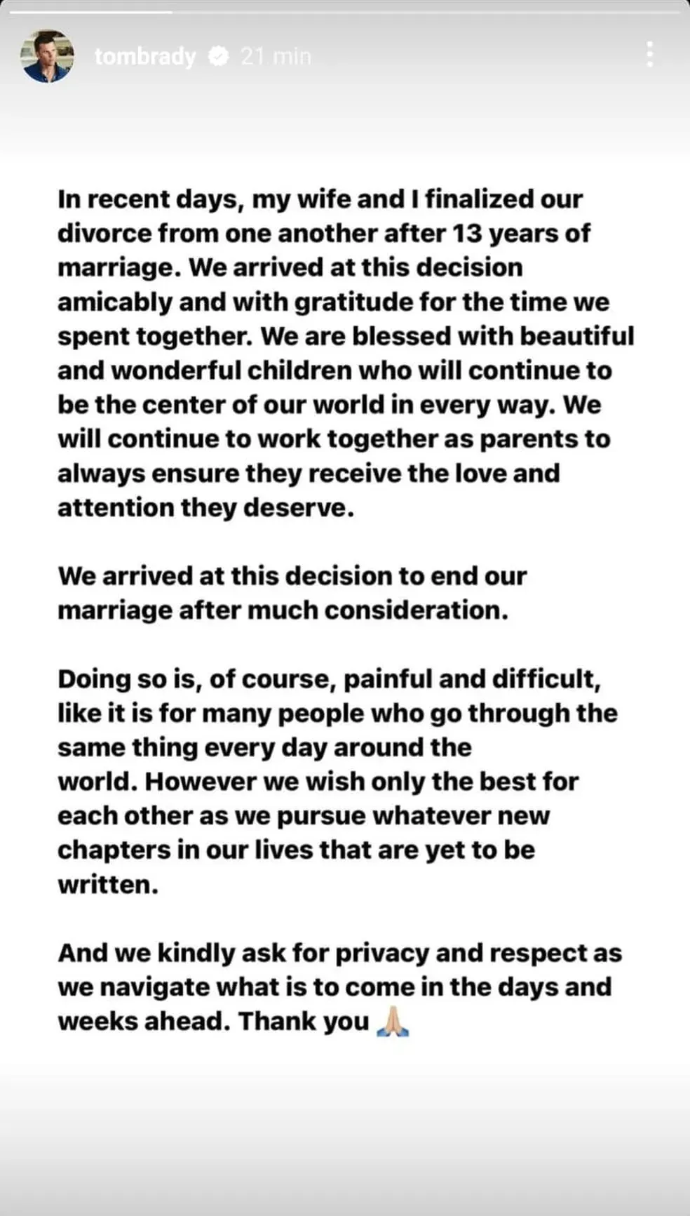 Anúncio de Tom Brady sobre o divórcio — Foto: Instagram