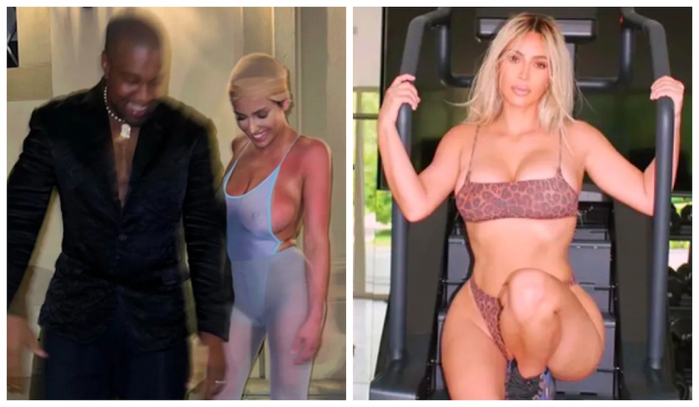 Kanye West com Bianca Censori e a socialite Kim Kardashian — Foto: Instagram