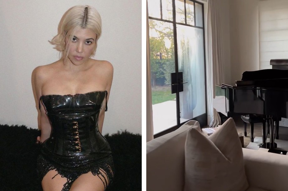 Kourtney Kardashian mostra sala com piano e lareira de mansão de 45 milhões de reais