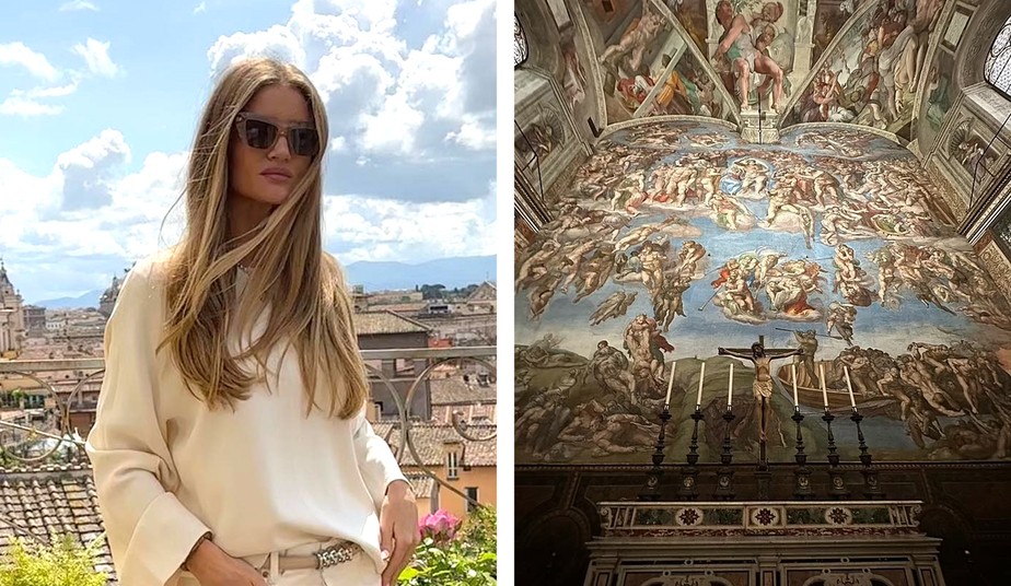 Rosie Huntington-Whitley em viagem pela Itália e o Vaticano em 2023; atriz tirou foto proibida dentro da Capela Sistina (à direita)