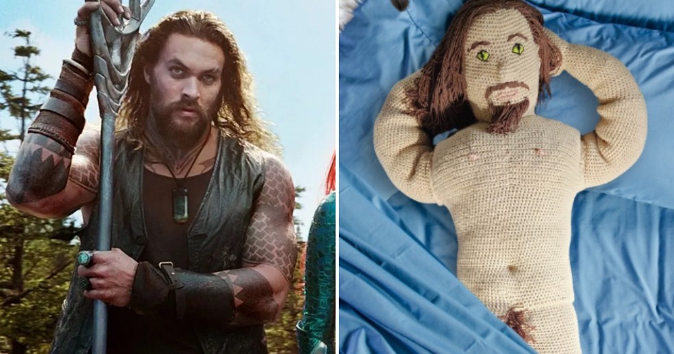 Jason Momoa em 'Aquaman' e ao lado de sua 'réplica' em forma de boneco — Foto: Reprodução