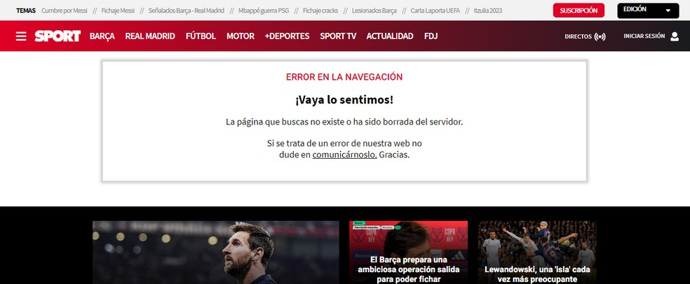 Página do Diario Sport indicando traição de Clara Chía está fora do ar, mas ainda é possível ver a versão em cache nos sites de busca — Foto: reprodução