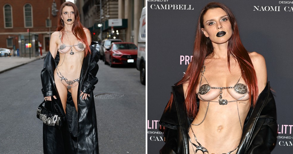 Julia Fox com seu look minúsculo em evento de moda — Foto: Getty Images