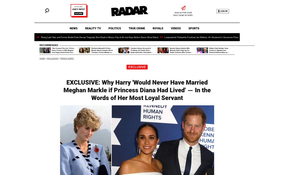 A reportagem do Radar Online sobre as suspeitas do ex-mordomo de Família Real Britânica envolvendo a Princesa Diana (1961-1997) e o relacionamento entre Príncipe Harry e Meghan Markle — Foto: Reprodução