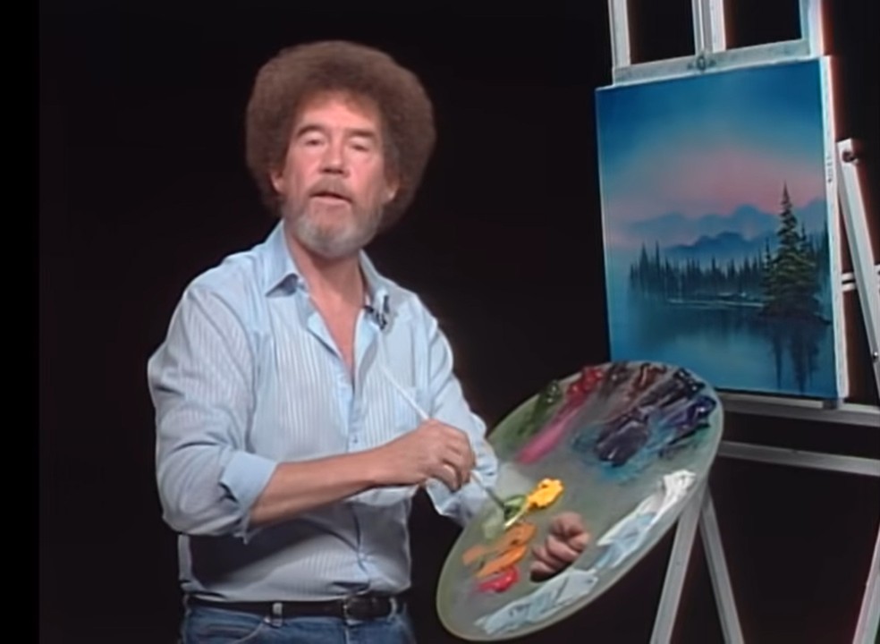 Bob Ross no programa 'The Joy of Painting' — Foto: reprodução