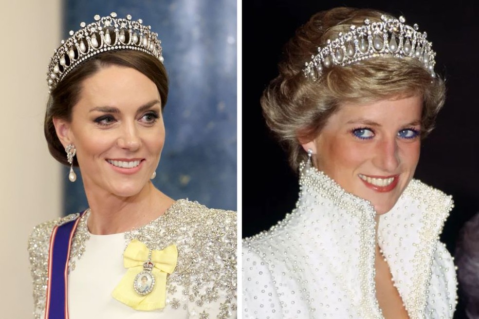 Kate Middleton com a tiara que era a favorita da princesa Diana — Foto: Getty Images