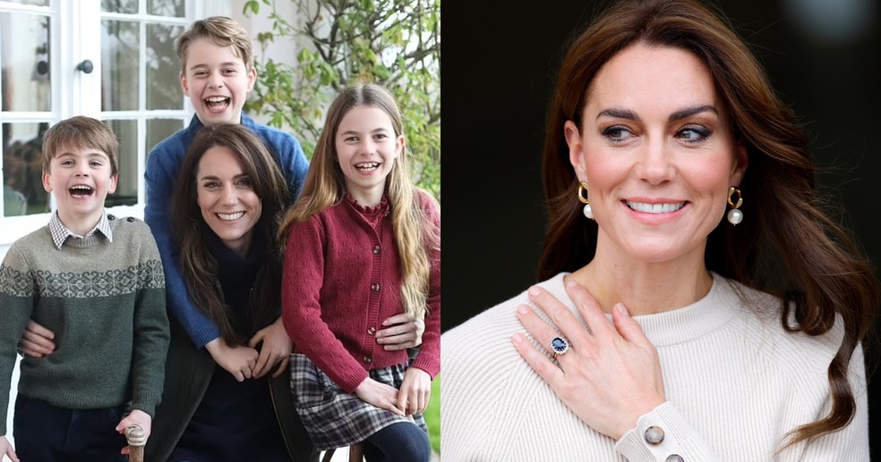 Kate Middleton com os filhos em sua primeira foto oficial após cirurgia; a Princesa de Gales usando seu anel de noivado e aliança em outubro de 2023 — Foto: Reprodução/Instagram/Getty