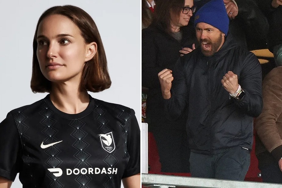 Natalie Portman vestindo a camisa do Angel City FC, time de futebol feminino do qual é dona; e Ryan Reynolds comemorando um gol de sua equipe Wrexham, do País de Gales