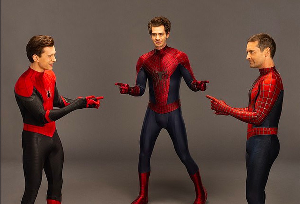 Tom Holland, Tobey Maguire e Andrew Garfield nos bastidores de Homem-Aranha: Sem Volta para Casa (2021) — Foto: Reprodução
