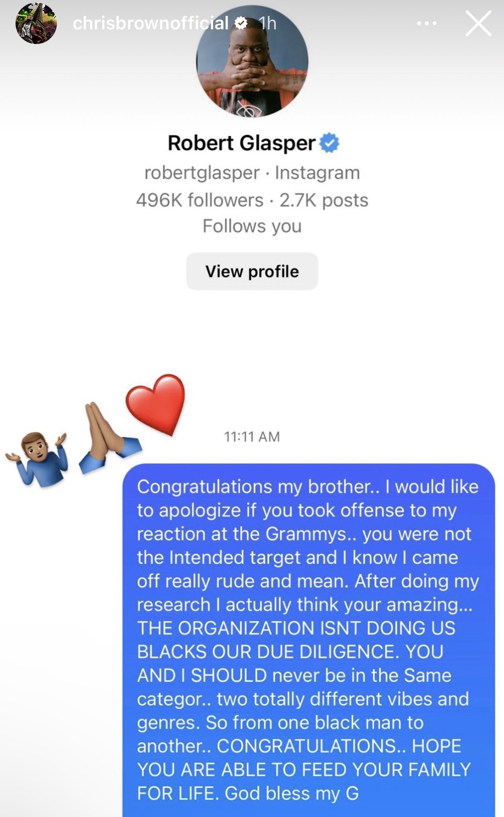 O pedido de desculpas de Chris Brown a Robert Glasper — Foto: Instagram