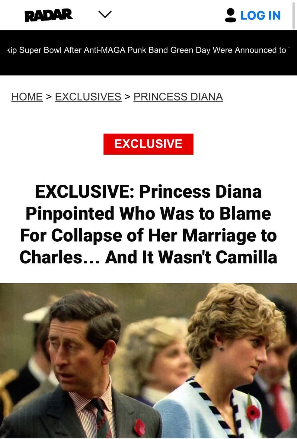 Reportagem do Radar Online sobre Diana ter apontado outros culpados e não Camilla como pivôs do fim do seu casamento com Charles — Foto: Reprodução