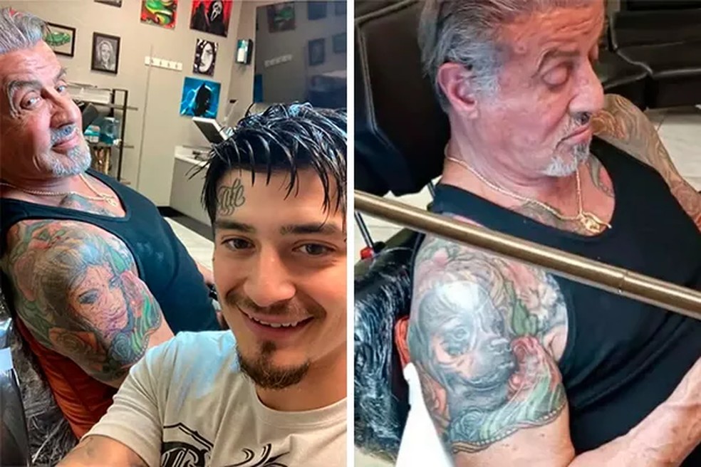 Sylvester Stallone cobriu tatuagem para a esposa com imagem de seu antigo cachorro, Butkus, em 2022 — Foto: Instagram