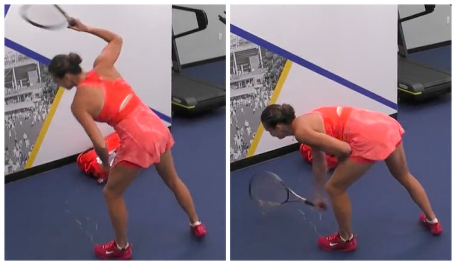 Aryna Sabalenka destruindo a raquete após derrota na final do US Open