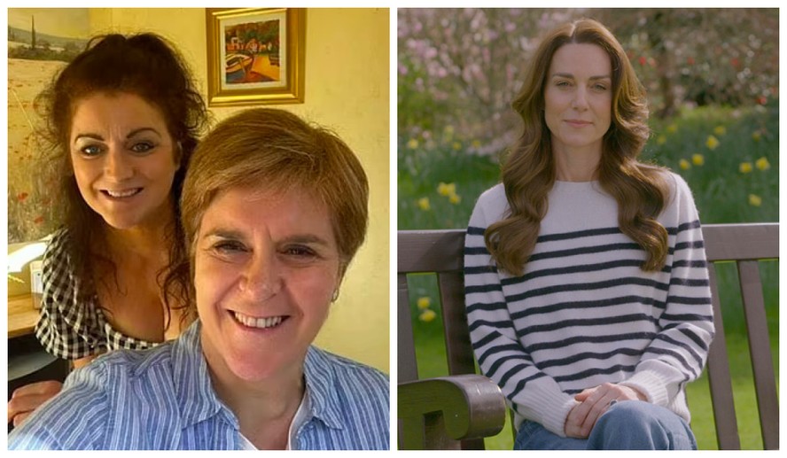 A ex-Primeira-Ministra escocesa Nicola Sturgeon (à frente) com a irmã; e a Princesa Kate Middleton em seu anúncio
