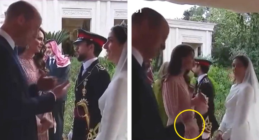 O príncipe William e a princesa Kate Middleton conversam com Rajwa Al Saif e com o príncipe herdeiro Hussein da Jordânia no casamento deles; príncipe britânico foi flagrado dizendo e fazendo gesto para esposa cortar sua conversa com a noiva