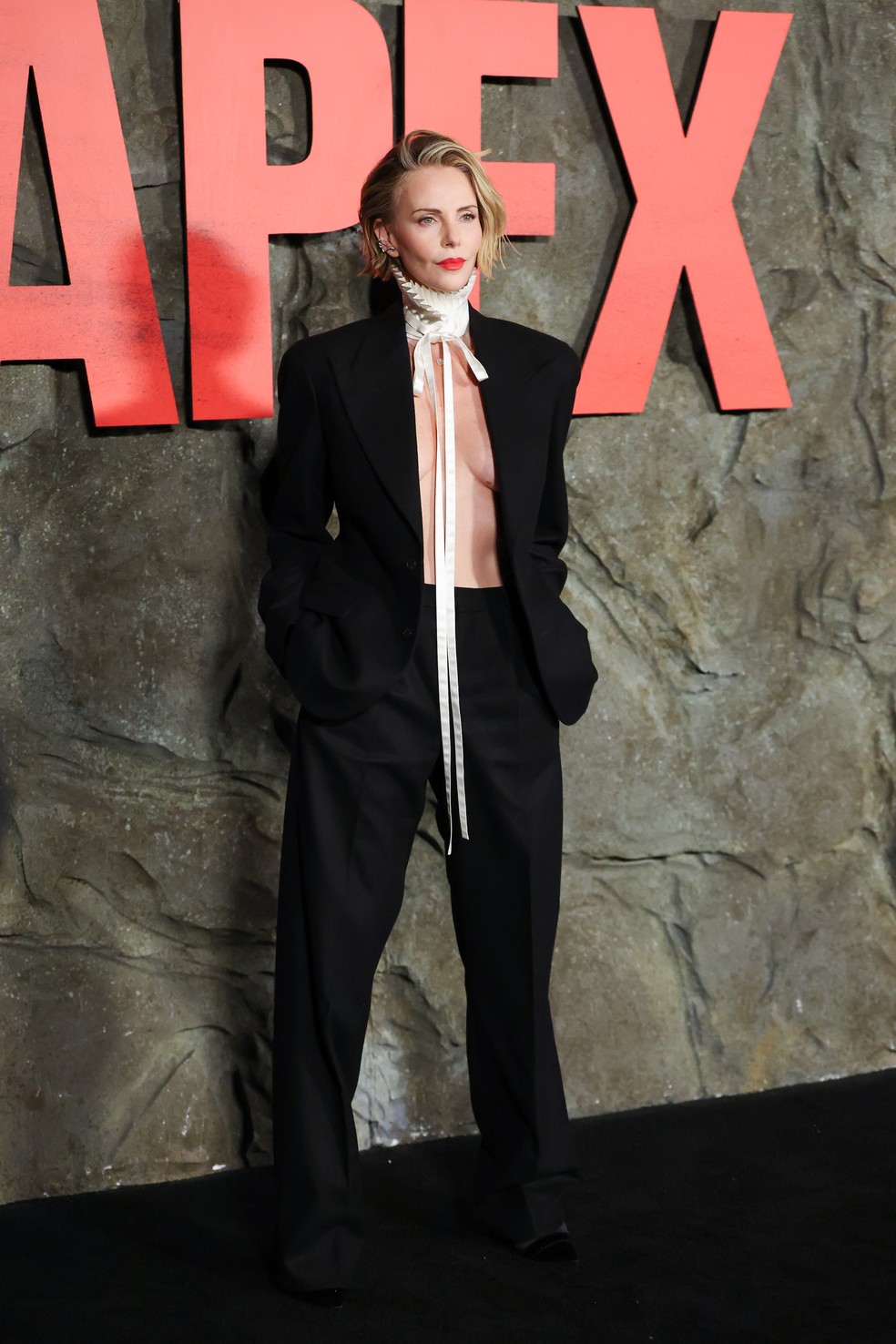 A atriz Charlize Theron no evento de lançamento de O Jogo do Predador (2026) em Nova York, em 22 de abril de 2026 — Foto: Getty Images