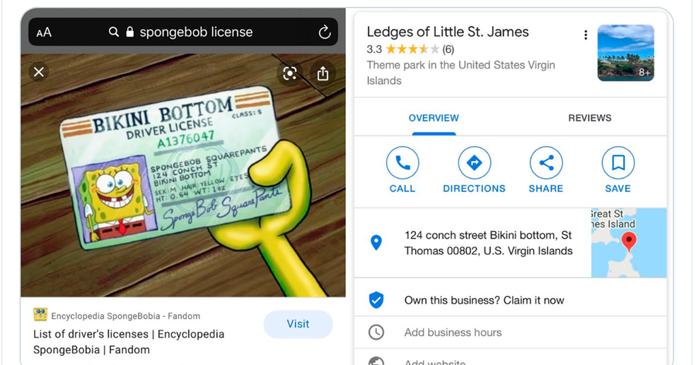 A carteira de motorista de Bob Esponja e o resultado do Google para o endereço presente no documento — Foto: reprodução