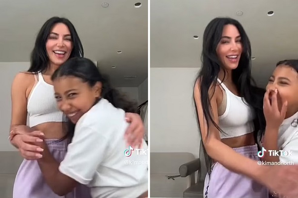 Kim Kardashian e sua filha North dando risada após pegadinha aplicada pela filha na mãe — Foto: TikTok