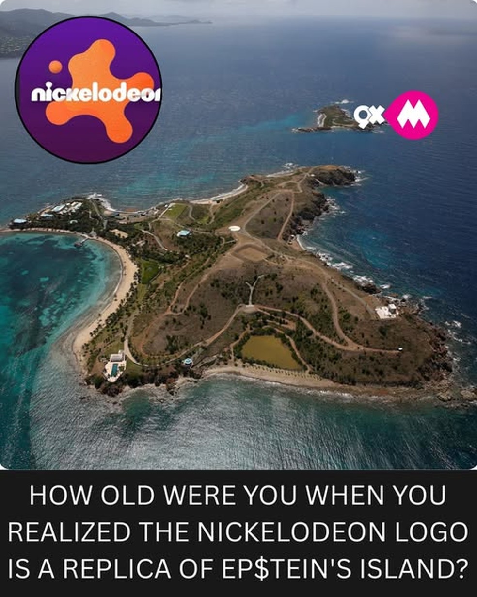 Postagem comparando os formatos do logotipo do canal Nickelodeon com o da ilha de Jeffrey Epstein — Foto: reprodução/Facebook