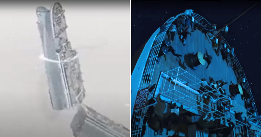 À esquerda, a animação que mostra o naufrágio do Titanic, que foi eternizado no filme de 1997 de James Cameron (à direita)