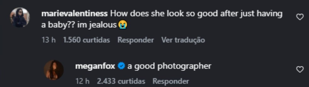 Megan Fox responde usuária sobre sua boa forma — Foto: Reprodução/Instagram