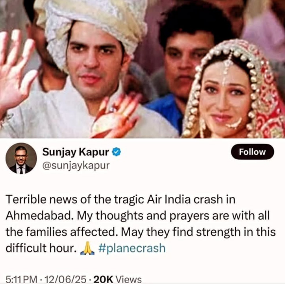 Internautas mencionaram que a morte de Sunjay Kapur, ex-marido da atriz Karisma Kapoor, aconteceu horas depois dele lamentar a tragédia da queda do avião da Air India — Foto: reprodução/Instagram