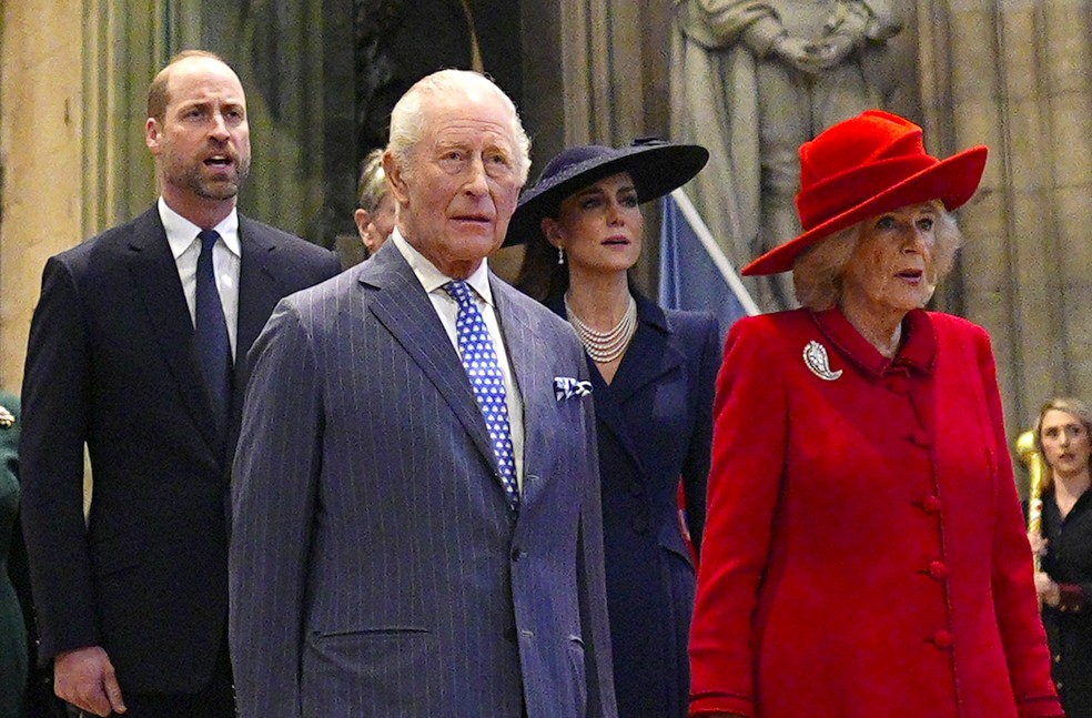Rei Charles III, Rainha Consorte Camilla, Príncipe William e Princesa Kate Middleton no Commonwealth Day Service, na Abadia de Westminster, em 9 de março de 2026 — Foto: Getty Images