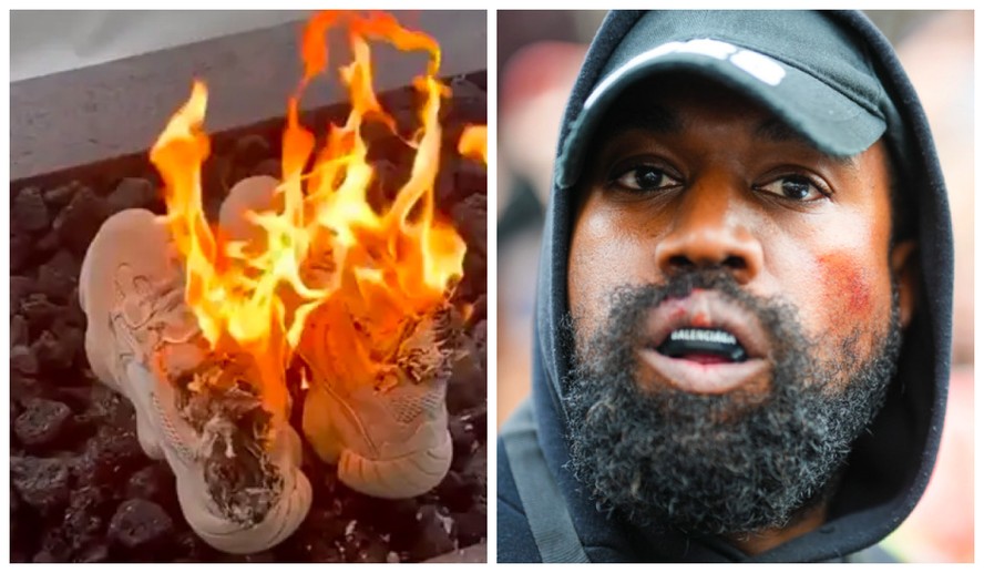 Um par de tênis da marca de Kanye West queimado pelo fã decepcionado com o rapper