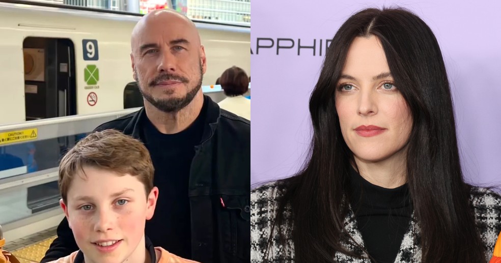 John Travolta com Benjamin, seu filho mais novo; a atriz Riley Keough — Foto: Instagram/Getty