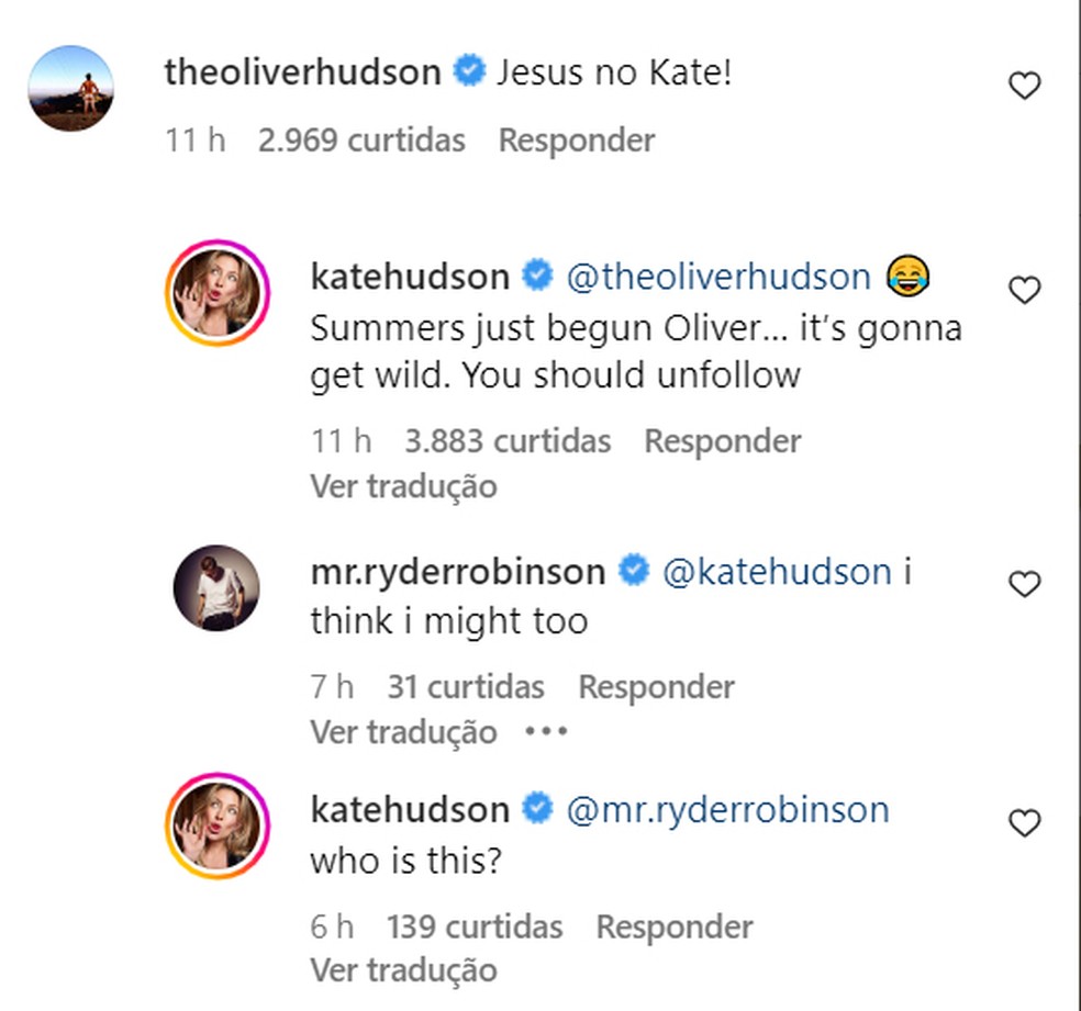 A troca de mensagens entre Oliver Hudson, Ryder Hudson e Kate Hudson — Foto: Instagram