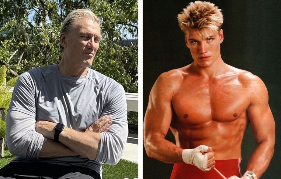 Dolph Lundgren em 2023 e como Ivan Drago em Rocky IV (1985)