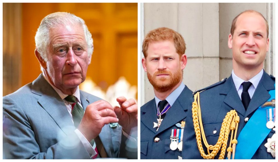 O Rei Charles III e seus filhos, os príncipes Harry e William