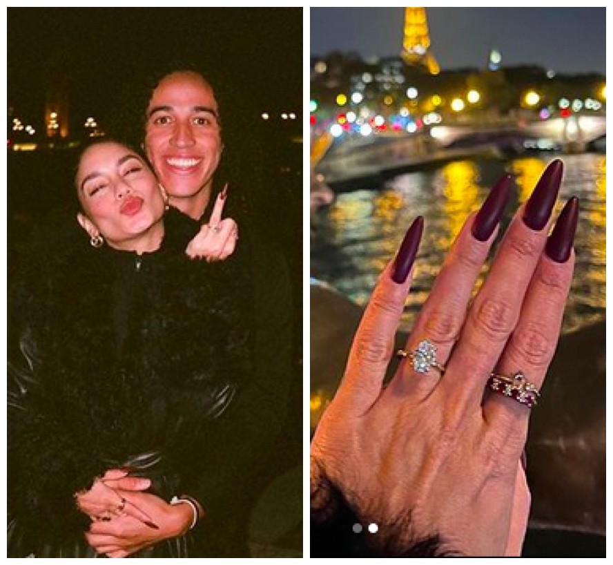 Vanessa Hudgens mostrando sua aliança de noivado em Paris