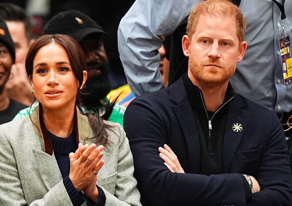 O Príncipe Harry e a atriz e Duquesa Meghan Markle nos Invictus Games de 2025, em Vancouver, no Canadá, em fevereiro de 2025 — Foto: Getty Images