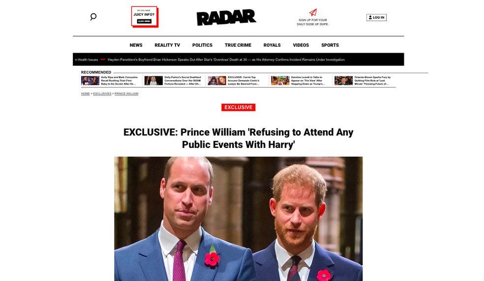 A reportagem do site Radar Online sobre a recusa do Príncipe William em comparecer a eventos públicos com a presença do irmão, Príncipe Harry — Foto: Reprodução