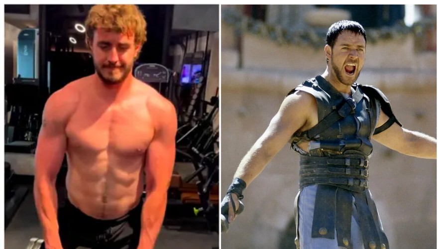 Paul Mescal treinando para 'Gladiador 2'; Russell Crowe no primeiro filme da franquia
