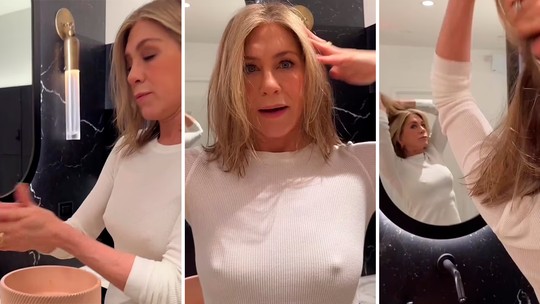 Jennifer Aniston posta vídeo de haircare, mas 'tradição dos mamilos' de 'Friends' acaba chamando a atenção de fãs