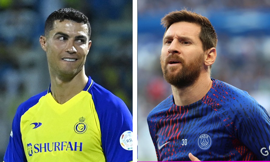 Lionel Messi em jogo do Paris Saint-Germain contra o RC Strasbourg em 27 de maio de 2023 e Cristiano Ronaldo em jogo do Al-Nassr contra o Al-Ettifaq em 27 de maio de 2023
