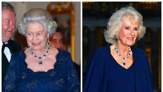Camilla ostenta poder na realeza ao usar conjunto de safiras e diamantes com significado especial para Elizabeth II em Versalhes