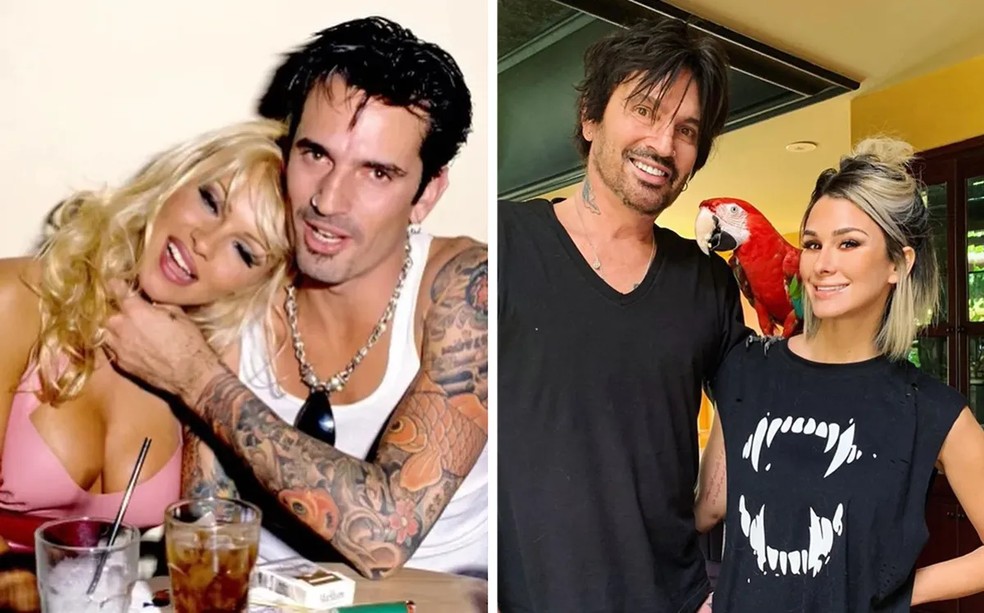 Tommy Lee foi casado com Pamela Anderson (à esquerda) e, atualmente, é marido da atriz Brittany Furlan (à direita)  — Foto: Getty Images; Instagram
